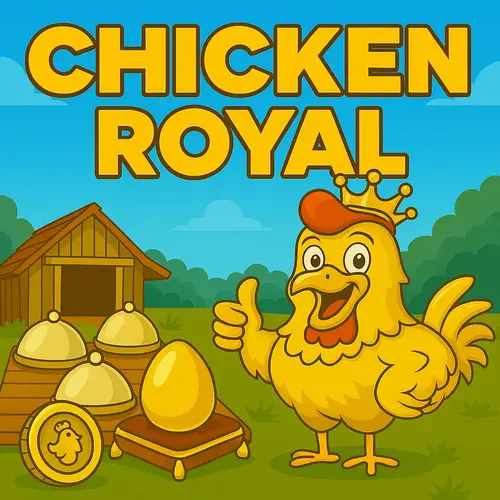 Chickens dashing past oversized golden eggs marked 2208x with coins scattering mid-air, tropical hills and sunset sky