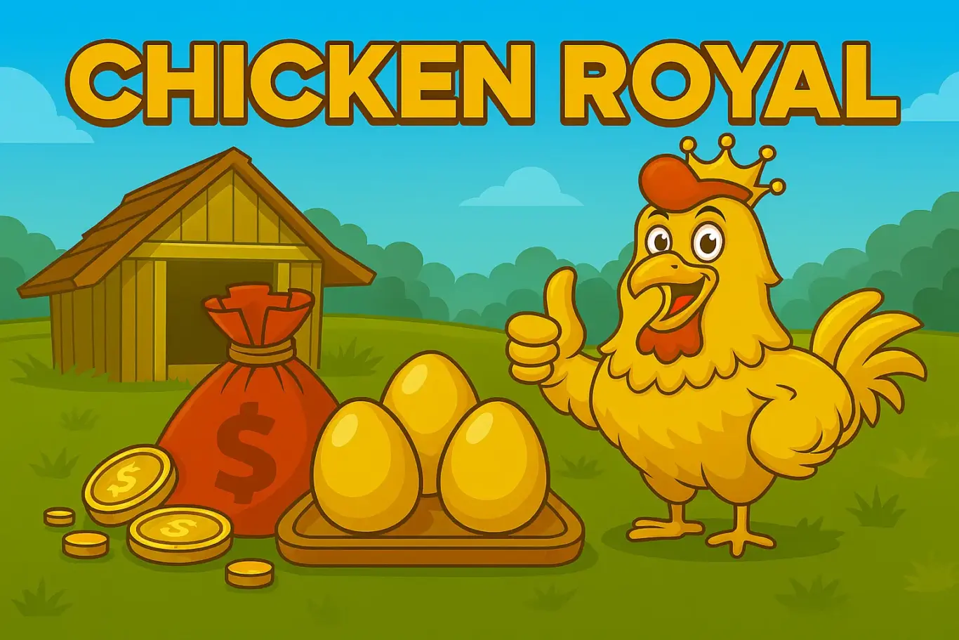 Chicken Royal dynamic scene with chickens dashing past oversized golden eggs, coins scattering mid-air, tropical hills and sunset sky