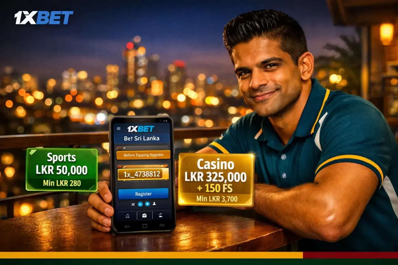 1xBet Sri Lanka APK registration with promo code 1x_4738812 - sports bonus LKR 50,000 or casino LKR 325,000 plus 150 FS