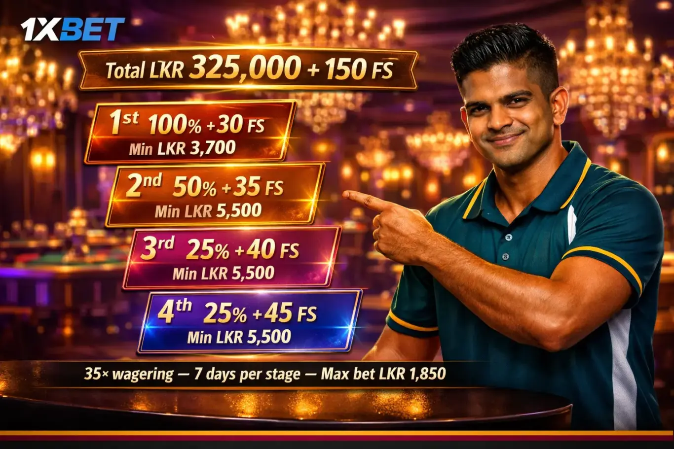 1xBet Sri Lanka casino bonus 4 deposit stages - LKR 325,000 plus 150 FS with 35x wagering and max bet LKR 1,850 per stage