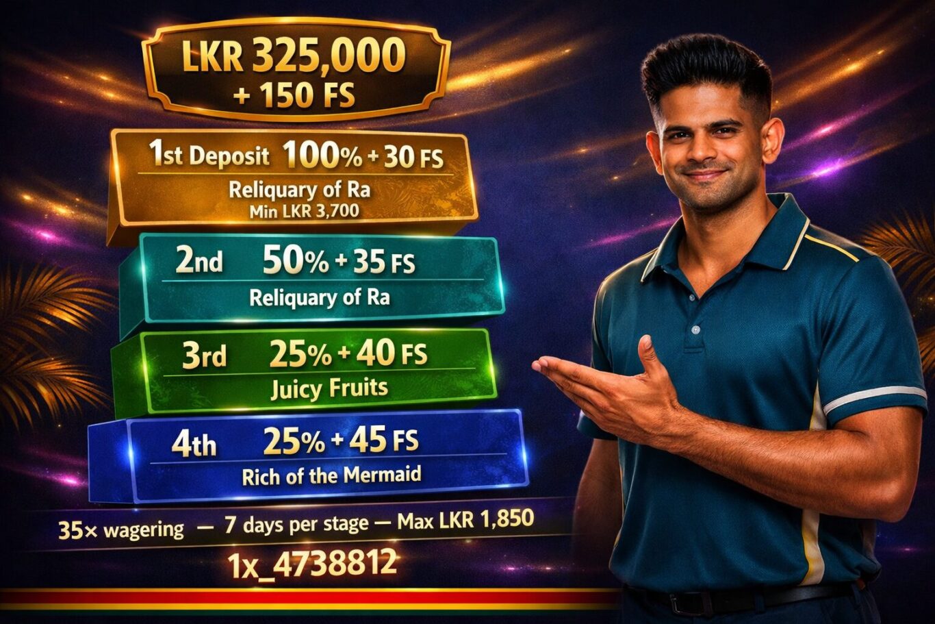 1xBet Casino Sri Lanka welcome package - 4 deposit stages LKR 325,000 plus 150 FS with promo code 1x_4738812 and 35x wagering