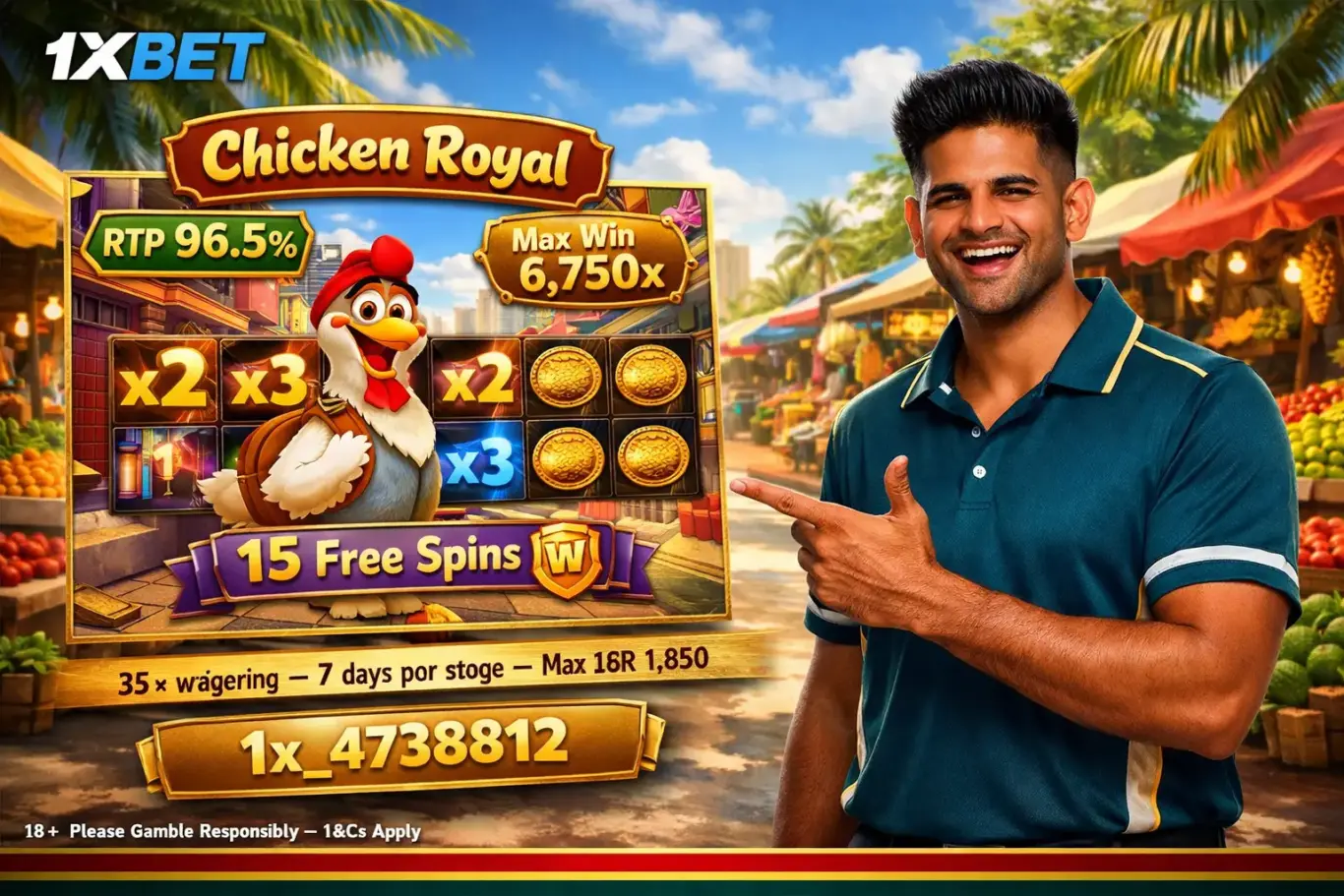 Chicken Royal 1xBet Sri Lanka 2026 - video slot by InOut Games, RTP 96.5%, max win 6,750x and 15 free spins with sticky wilds