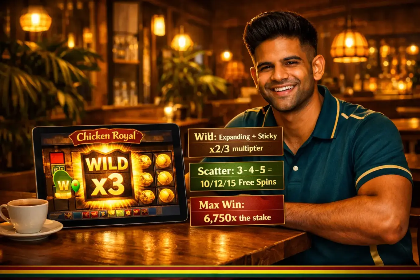 Chicken Royal Sri Lanka game mechanics - expanding sticky wilds x2 x3 multiplier, scatter free spins 10 12 15 and max win 6,750x