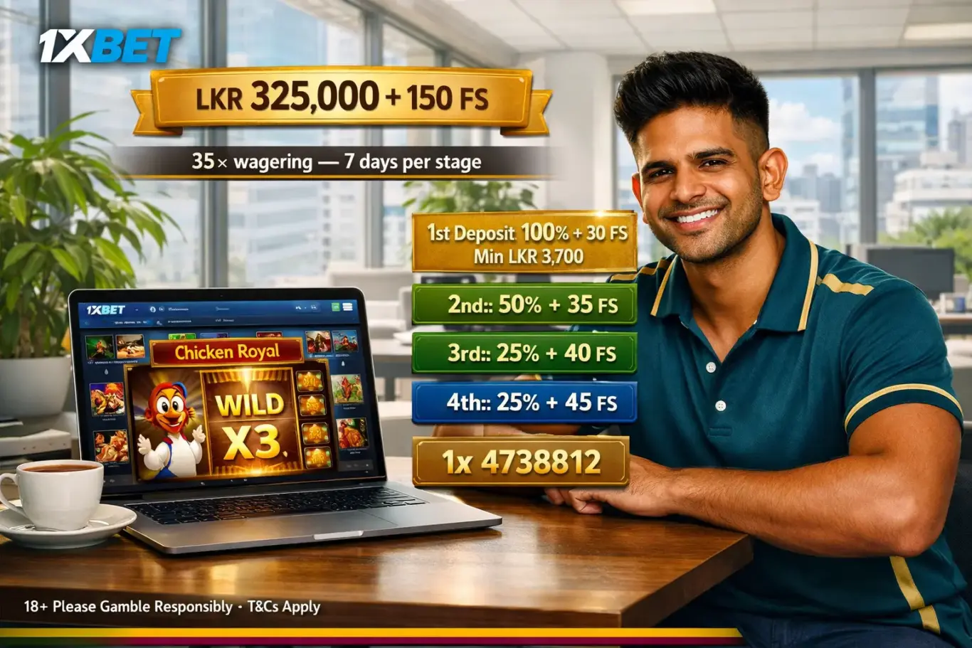 1xBet Sri Lanka casino bonus for Chicken Royal - LKR 325,000 plus 150 FS with promo code 1x_4738812 and 35x wagering