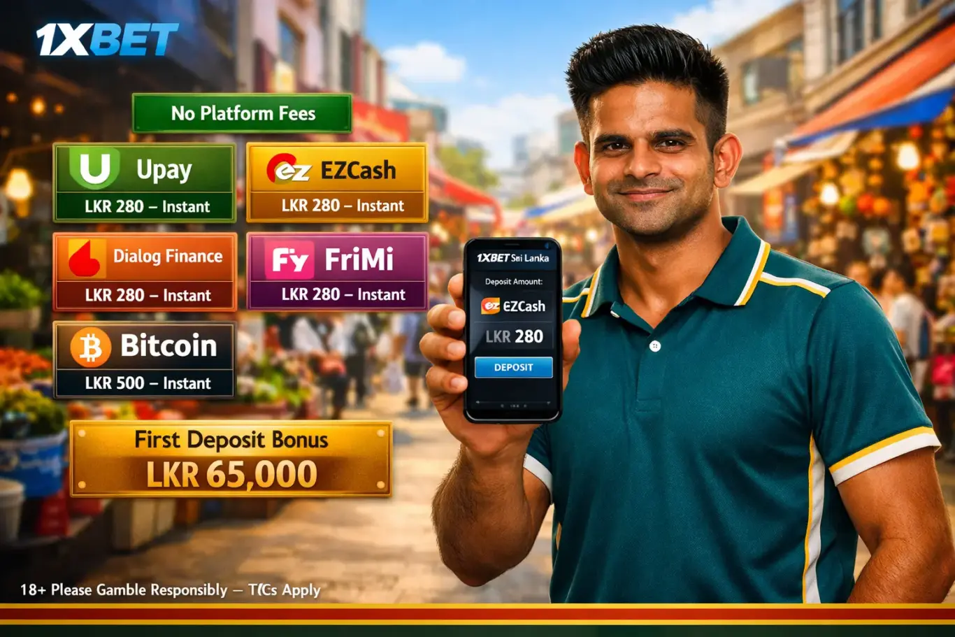 1xBet deposit Sri Lanka 2026 - fund account via eZCash, Upay, Dialog Finance or FriMi from LKR 280 instantly with no fees