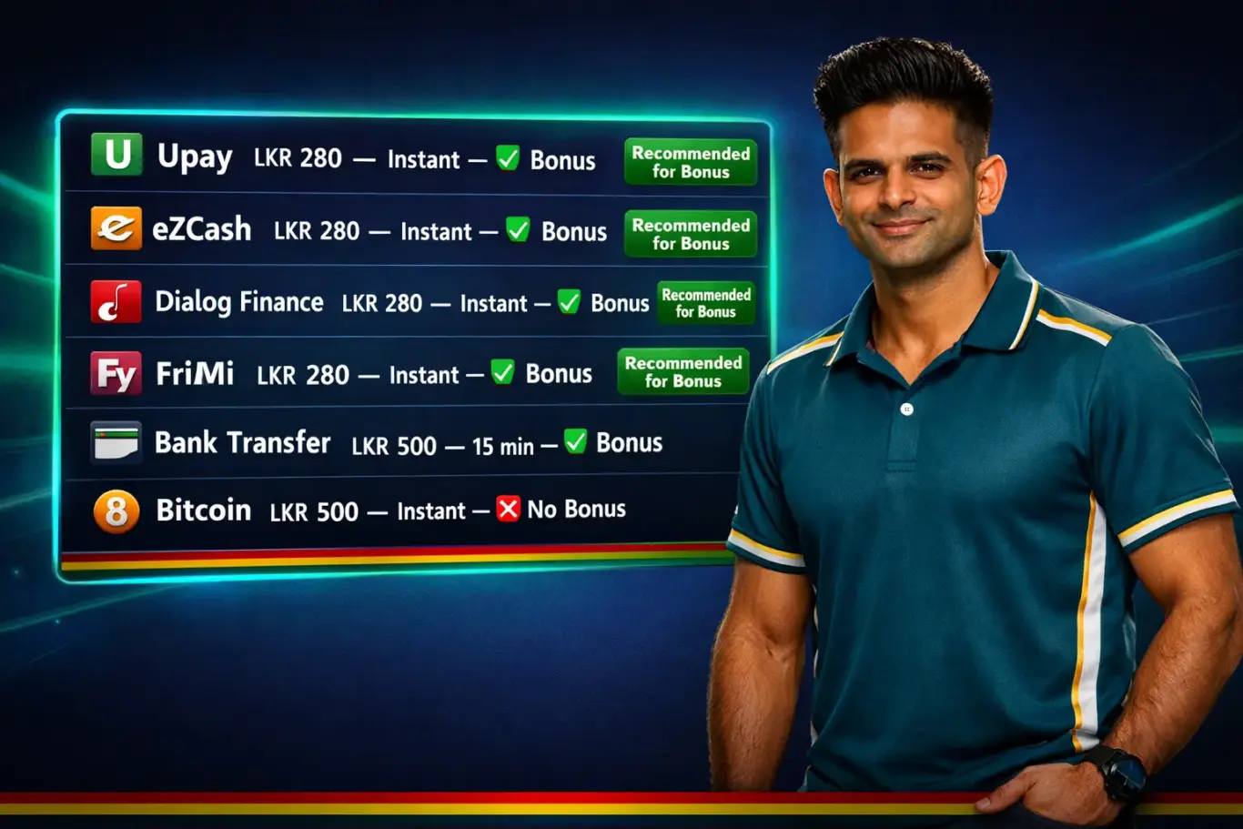 1xBet Sri Lanka deposit methods comparison - eZCash Upay Dialog Finance FriMi from LKR 280 instant and crypto from LKR 500