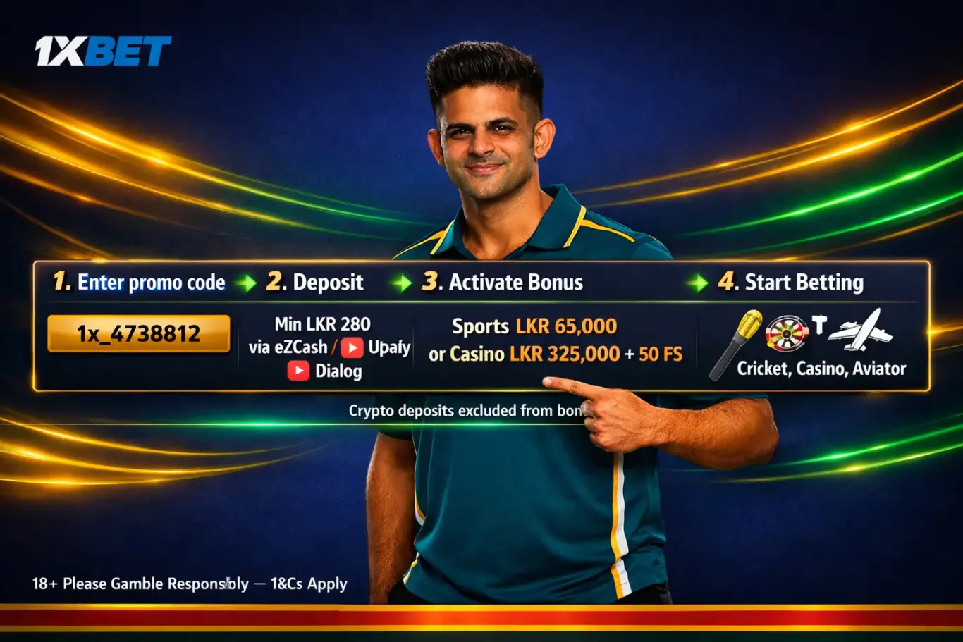 1xBet Sri Lanka first deposit bonus activation - register with promo code 1x_4738812, deposit LKR 280 and claim LKR 65,000 bonus