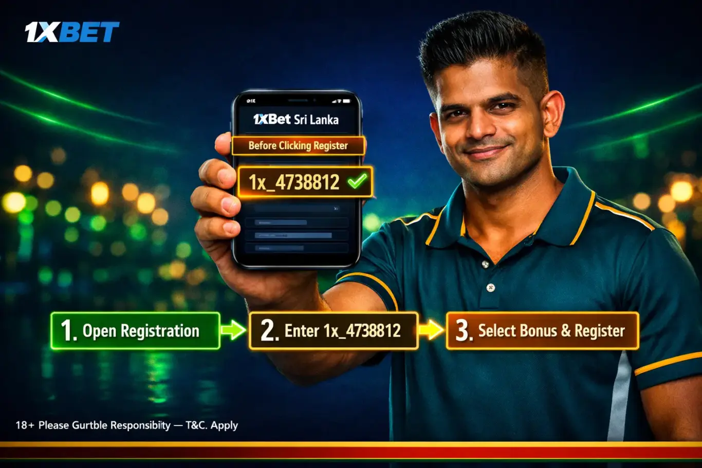 1xBet Sri Lanka sign up methods 2026 - one-click, phone SMS, email and Google registration with promo code 1x_4738812