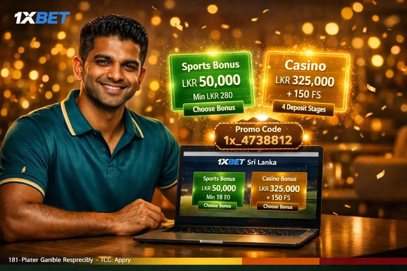 1xBet Sri Lanka welcome bonus 2026 - sports LKR 50,000 or casino LKR 325,000 plus 150 FS with promo code 1x_4738812