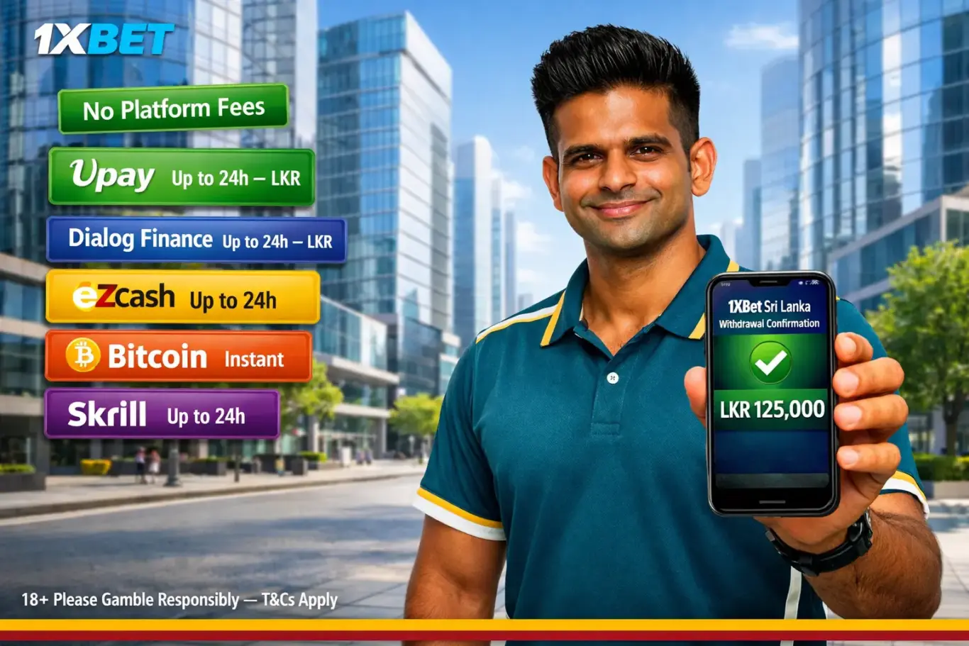 1xBet withdrawal Sri Lanka 2026 - cash out via Upay, Dialog Finance, eZCash in 24h or crypto instantly with no platform fees