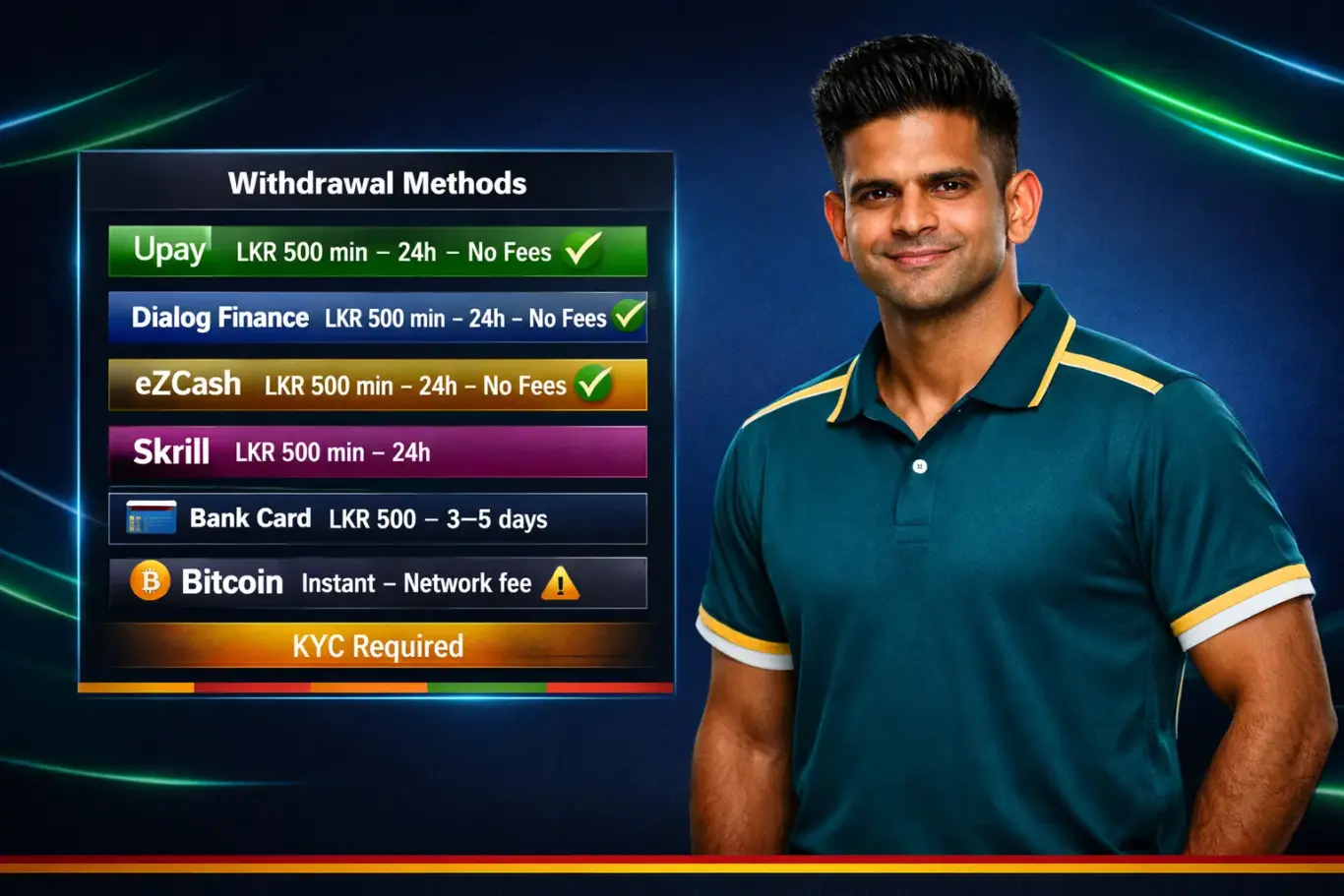 1xBet Sri Lanka withdrawal methods comparison - Upay Dialog Finance eZCash 24h, bank cards 3-5 days, crypto instant LKR limits