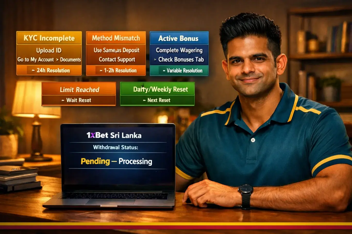 1xBet Sri Lanka withdrawal pending or rejected - KYC incomplete, method mismatch, bonus wagering and daily limit fixes
